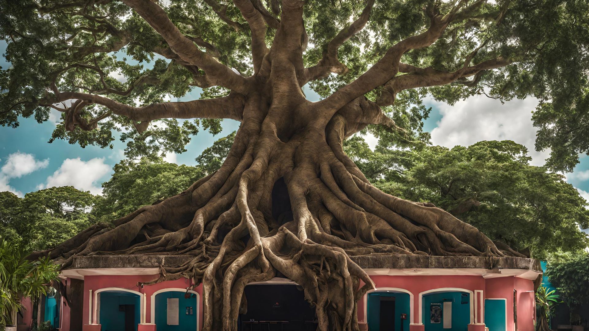 Vue extérieure d'un théâtre traditionnel en Guadeloupe, magnifiquement intégré dans son environnement naturel avec un gigantesque arbre aux racines entrelacées trônant au-dessus. Les portes bleues et les murs roses contrastent avec le vert luxuriant, capturant l'essence vibrante et culturelle de l'île