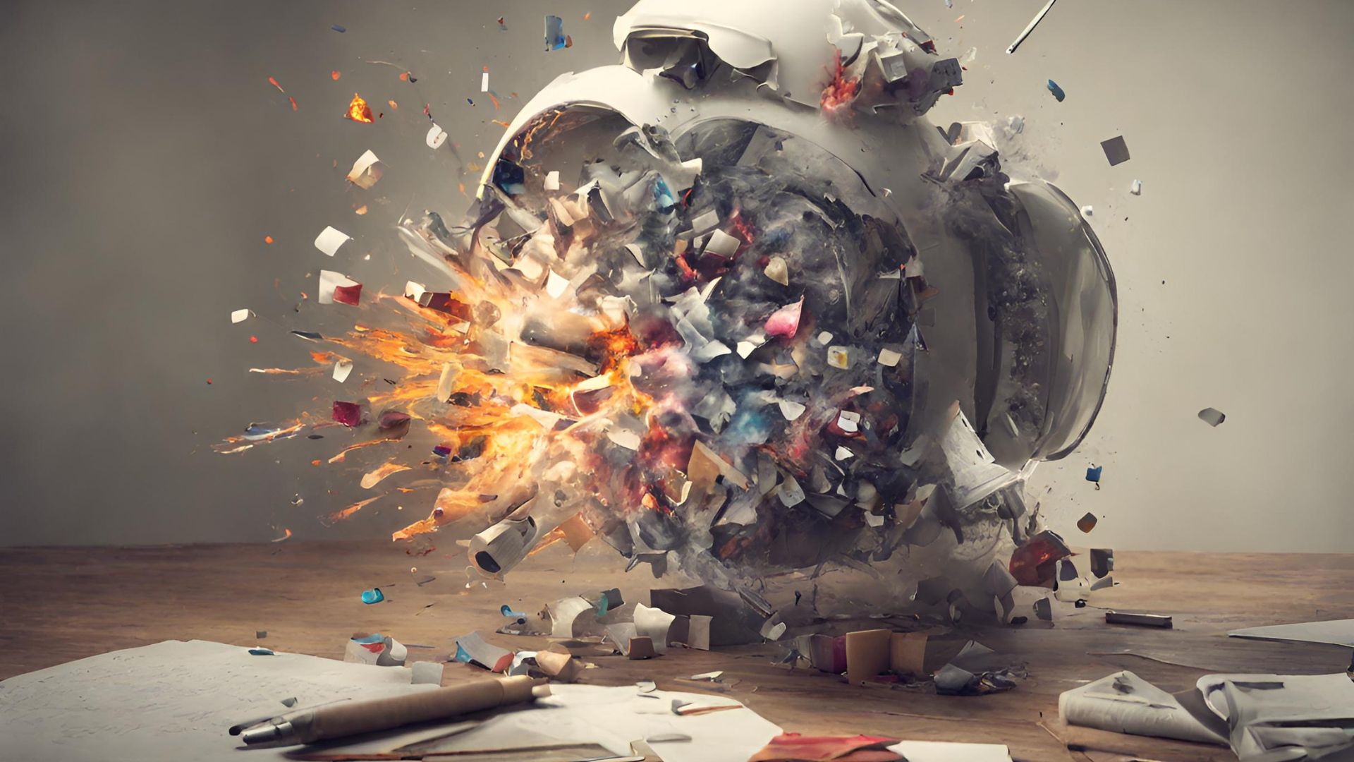 Une représentation artistique dynamique de l'expression 'faire tomber les murs', illustrée par une explosion murale au centre de l'image, libérant un éventail de couleurs vibrantes et de débris qui s'envolent dans un espace ouvert. L'impact puissant symbolise le franchissement des barrières et le déclenchement d'un changement positif, évoquant l'énergie et la vivacité culturelle de la Guadeloupe